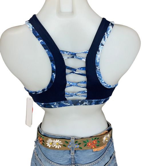 Splendid Blue Sports Bra XS Python Plunging Strappy Back Medium Support NEW - Picture 5 of 8